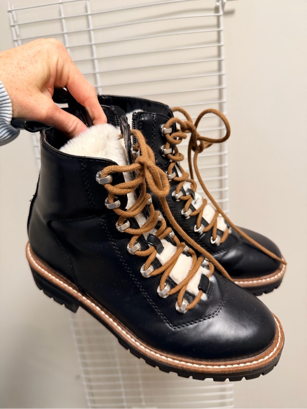 a new day Black Leather Combat Boots with Brown Laces